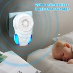 Repelente ultrasónico blanco con luces azules para hogar, enchufado a pared, protege áreas grandes, silencioso.