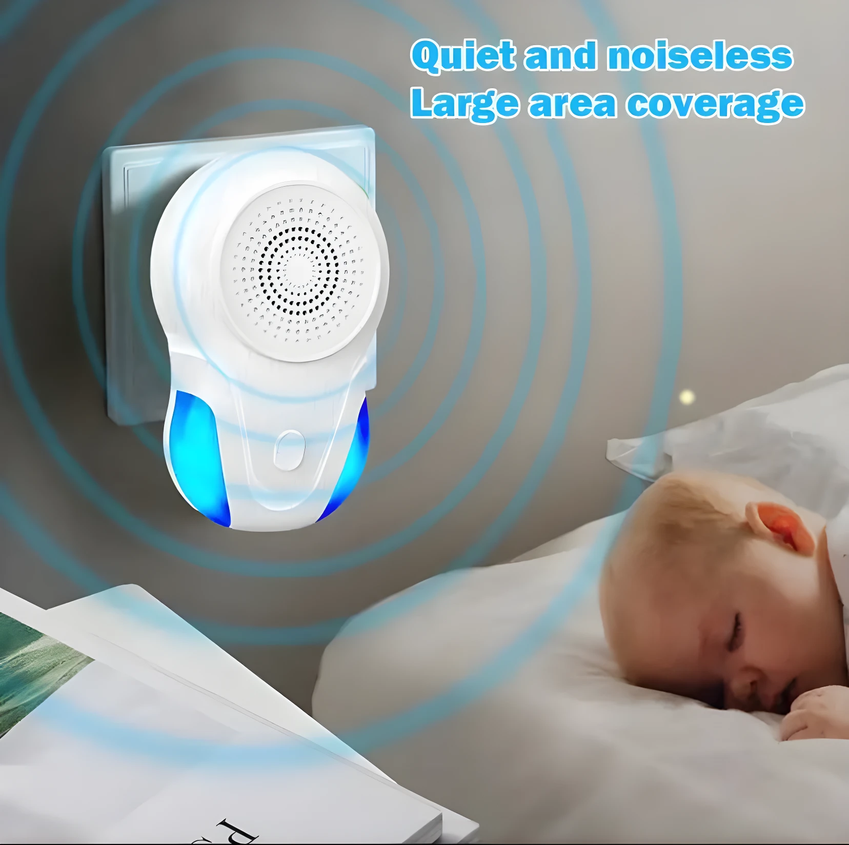 Repelente ultrasónico blanco con luces azules para hogar, enchufado a pared, protege áreas grandes, silencioso.