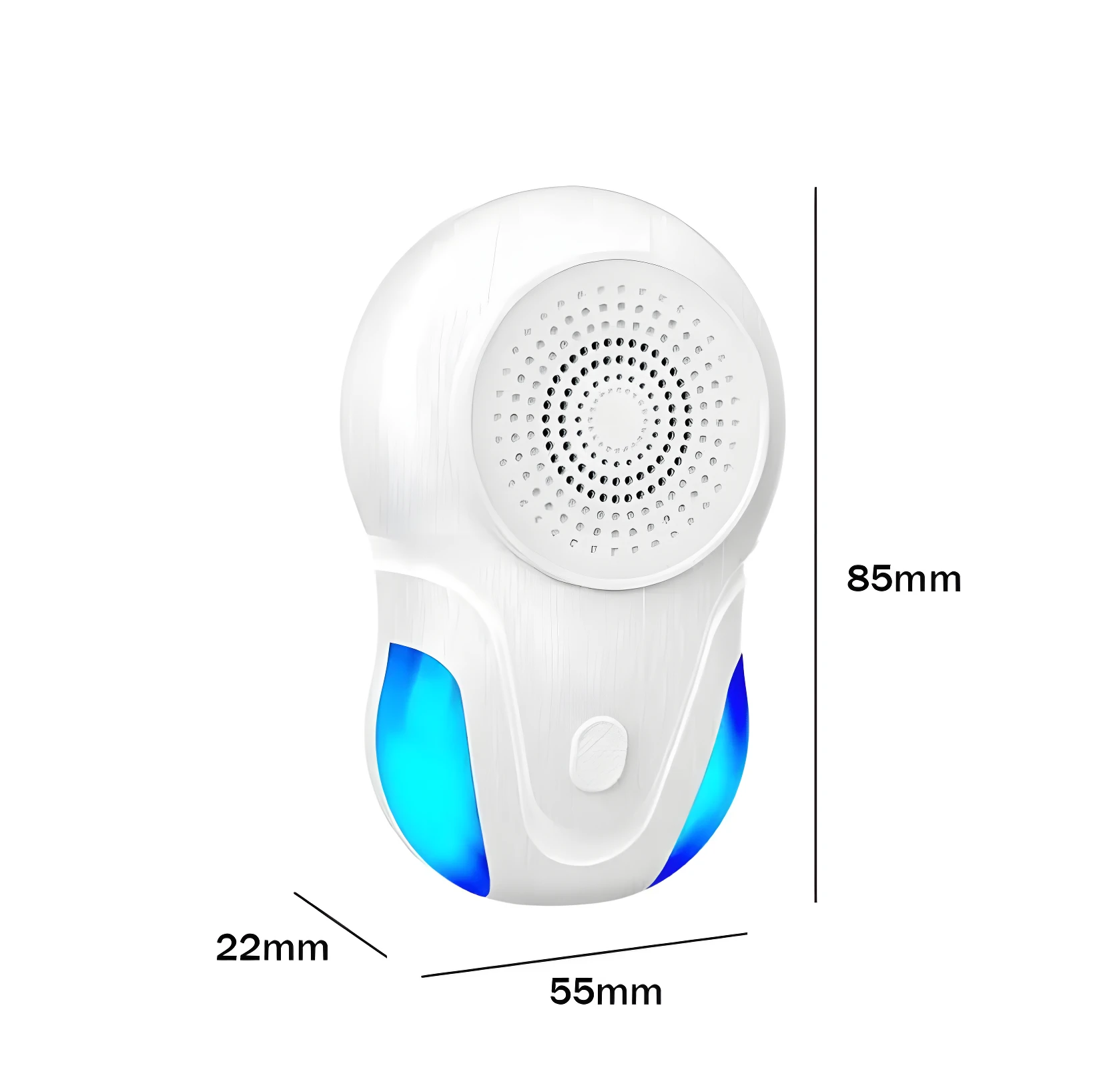 Repelente ultrasónico blanco con luces azules, 85mm alto x 55mm ancho, para hogar sin plagas.