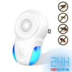 Repelente ultrasónico blanco enchufable con luces azules, combate insectos y roedores.