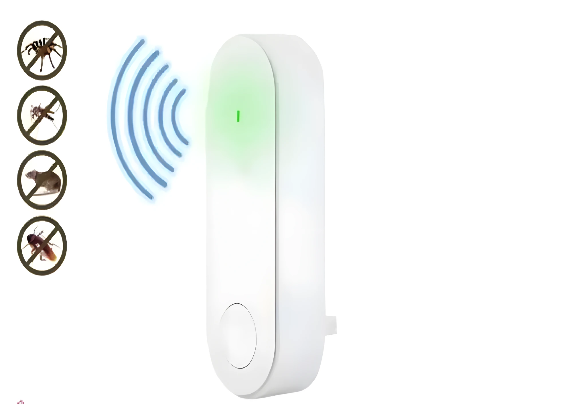 Repelente ultrasónico blanco con luz verde y símbolos de plagas prohibidas.
