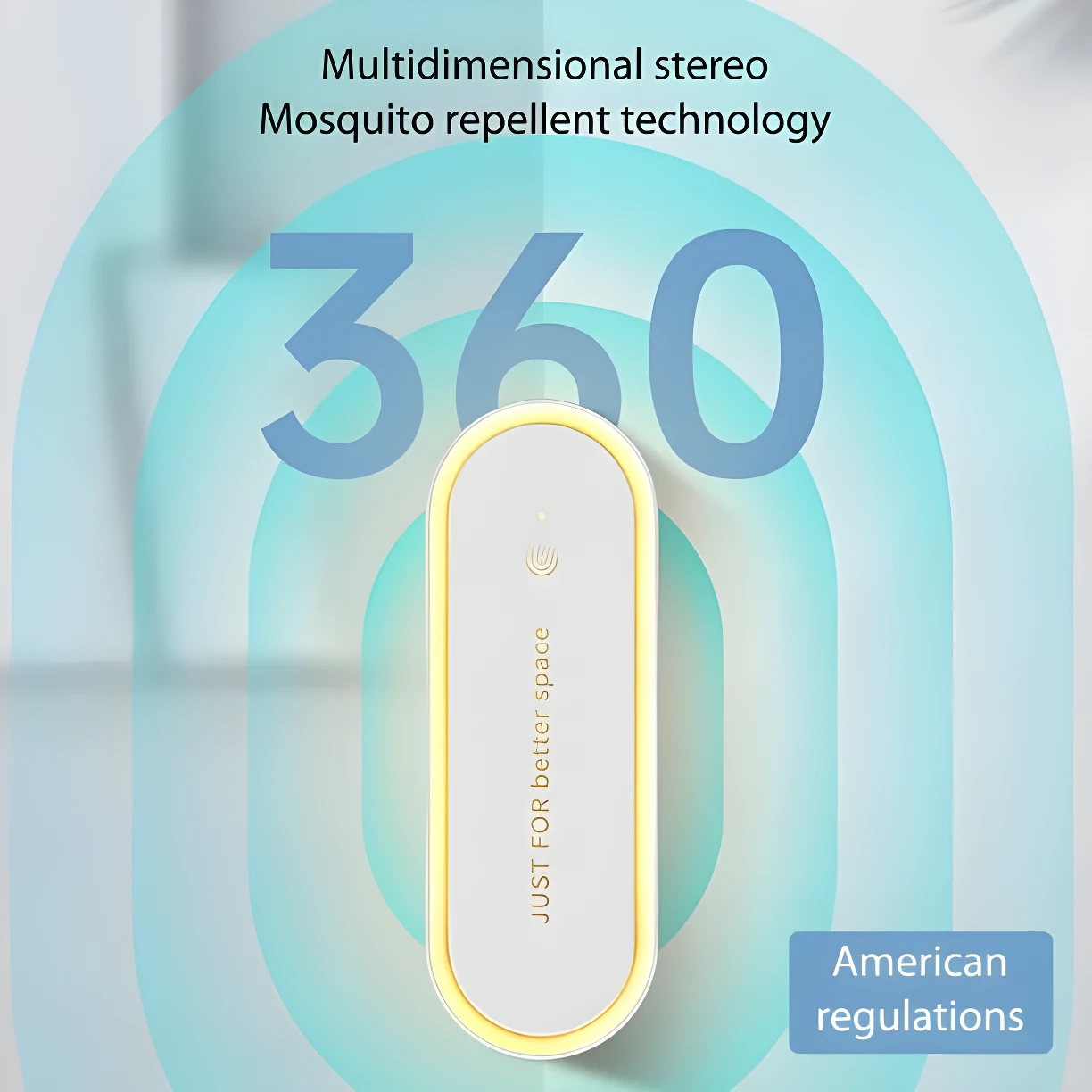 Repelente ultrasónico blanco de diseño ovalado con borde iluminado, destacando tecnología 360 y repelencia multidimensional.