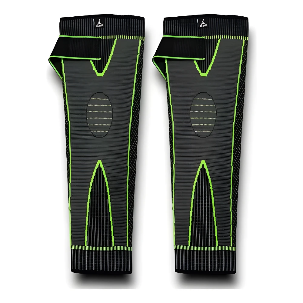 Par de rodilleras de compresión extra largas, negras con detalles en verde neón, soporte estabilizador para alivio articular.