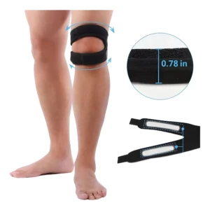 Rodillera ajustable negra con correa de soporte para estabilizar la rótula.