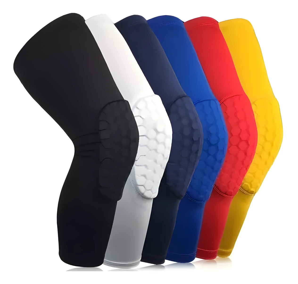 Protecciones acolchadas de compresión, colores negro, blanco, azul marino, azul rey, rojo y amarillo, con diseño de panal hexagonal.
