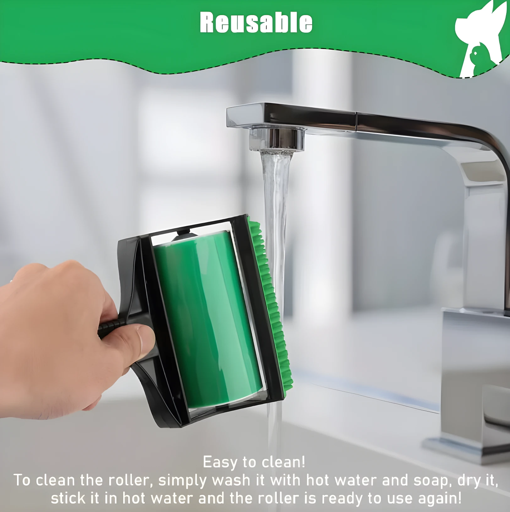 Rodillo quitamotas verde de silicona lavable bajo agua, ideal para eliminar pelo de mascotas de ropa y muebles.
