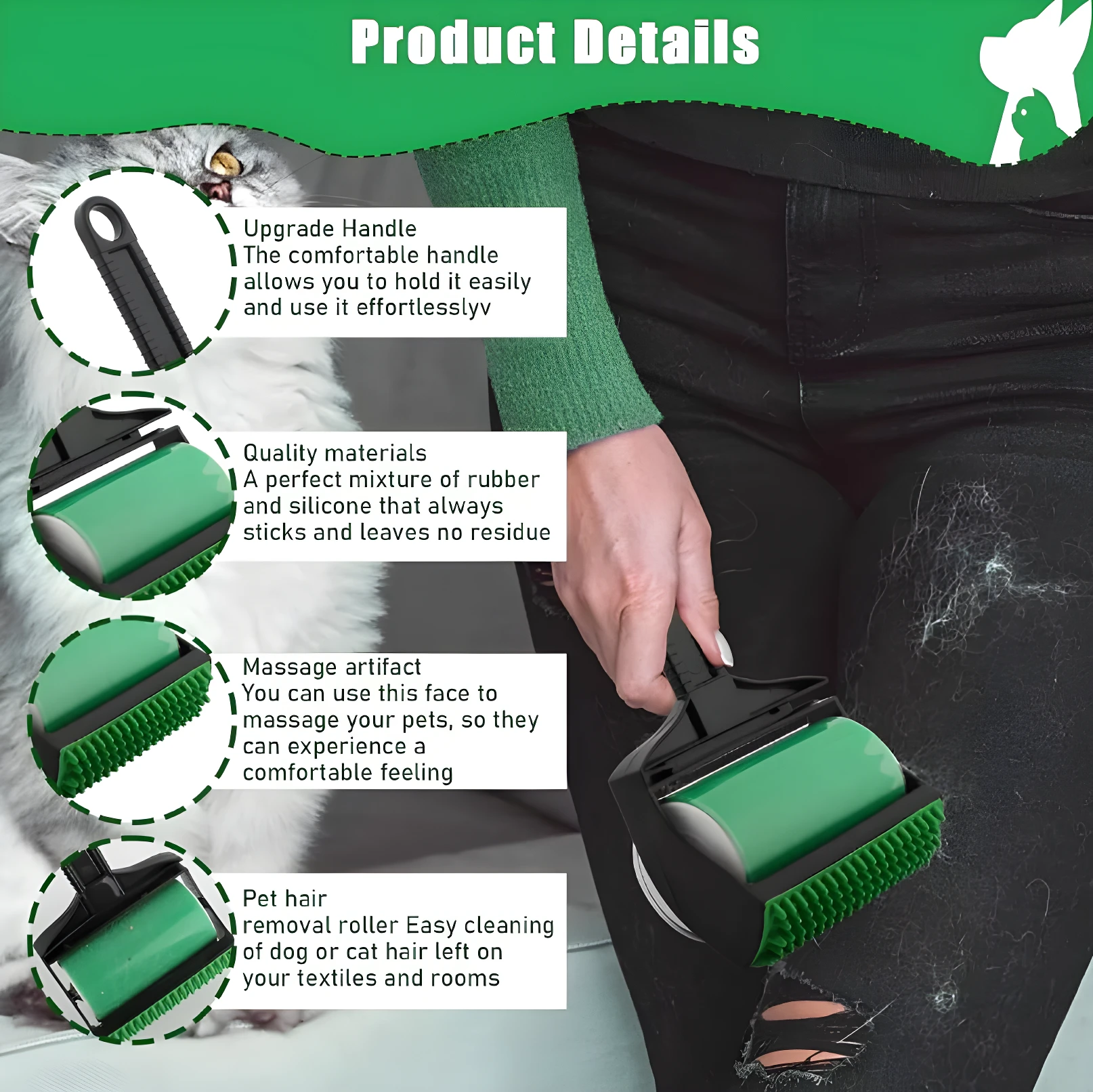 Rodillo quitamotas verde de silicona para eliminar pelo de mascotas de ropa y muebles.