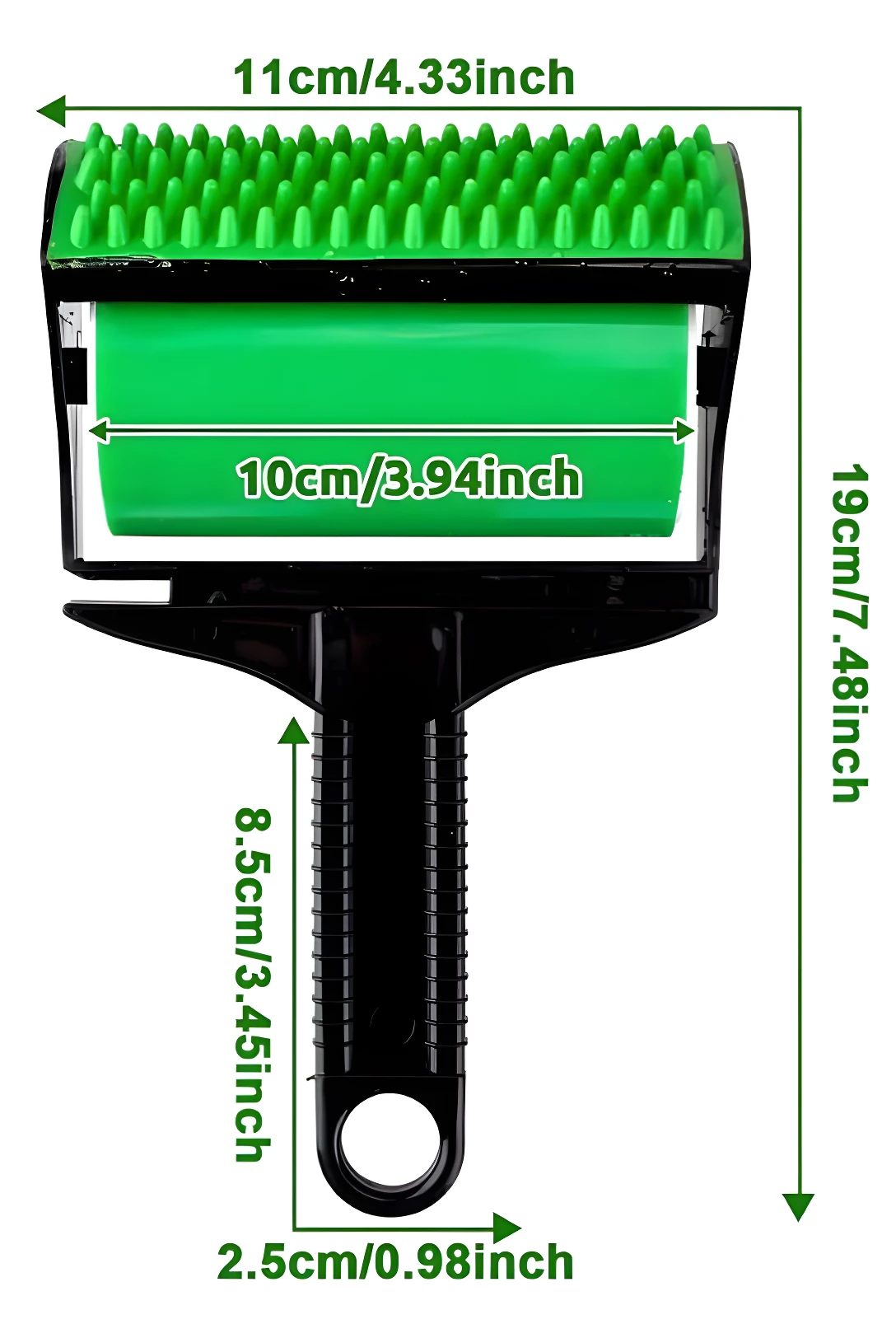 Rodillo quitamotas verde de silicona lavable y reutilizable para eliminar pelo de mascotas en ropa y muebles.