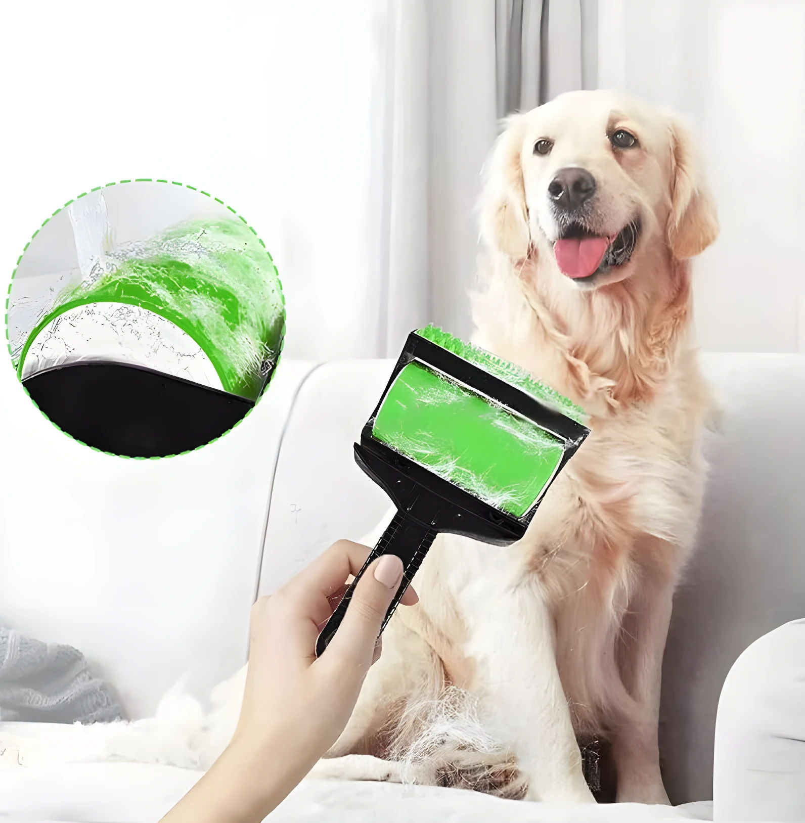 Rodillo quitamotas verde de silicona, ideal para eliminar pelo de mascotas de ropa y muebles.