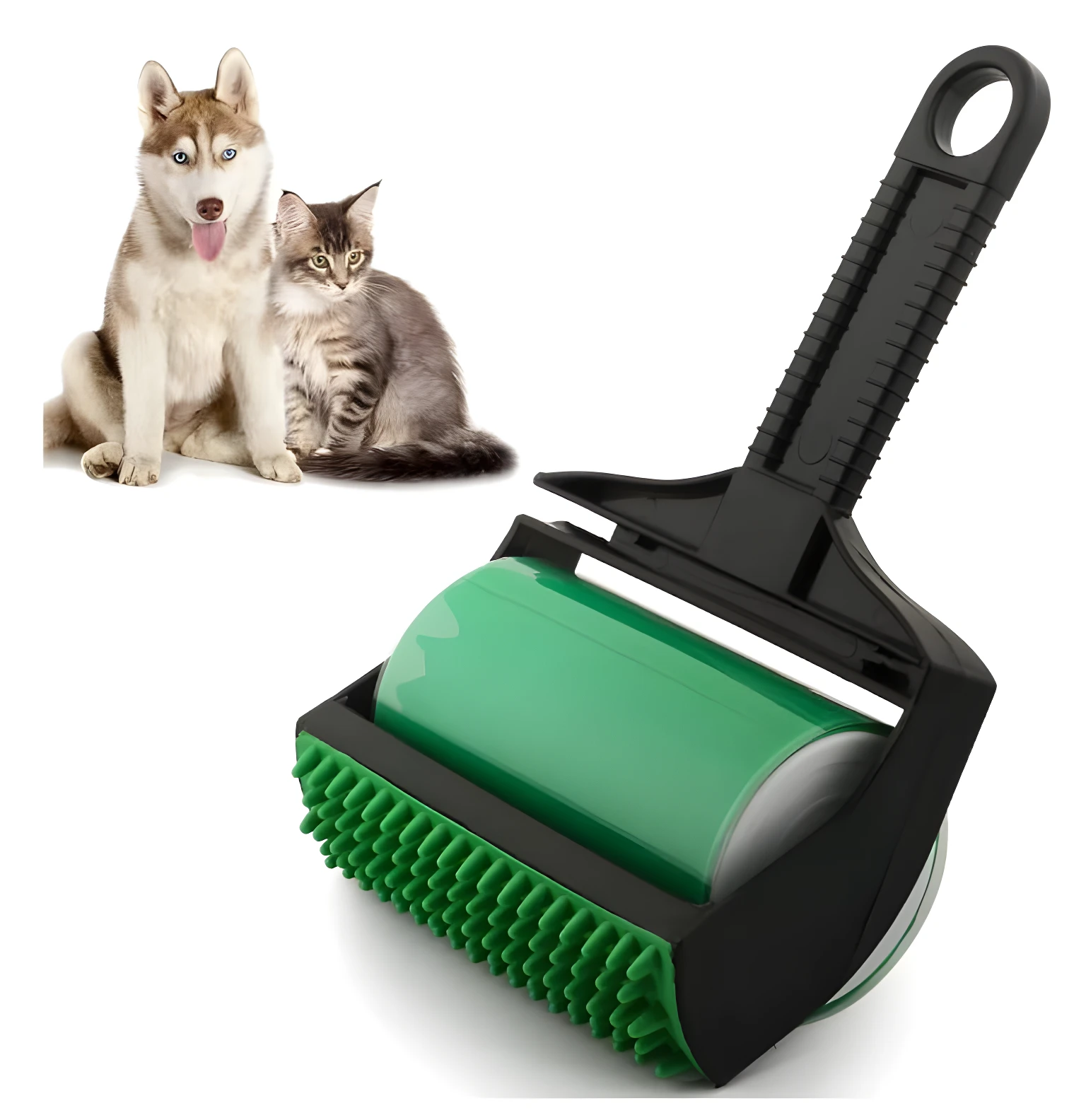 Rodillo quitamotas verde lavable de silicona para eliminar pelo de mascotas en ropa y muebles.