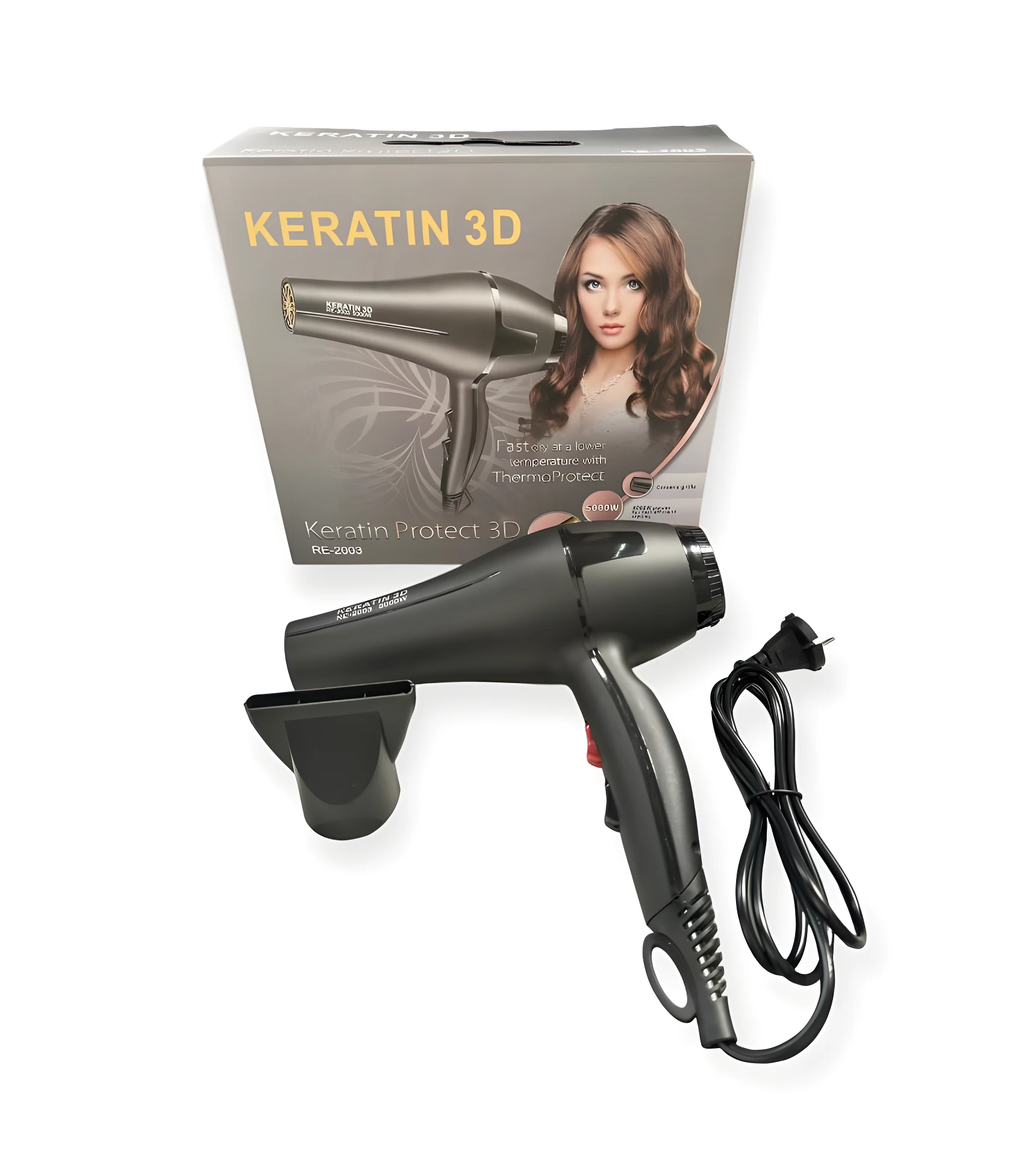 Secador profesional Keratin 3D RE-2003 gris oscuro, 3000W, con difusor y cable, ideal para reducir frizz.