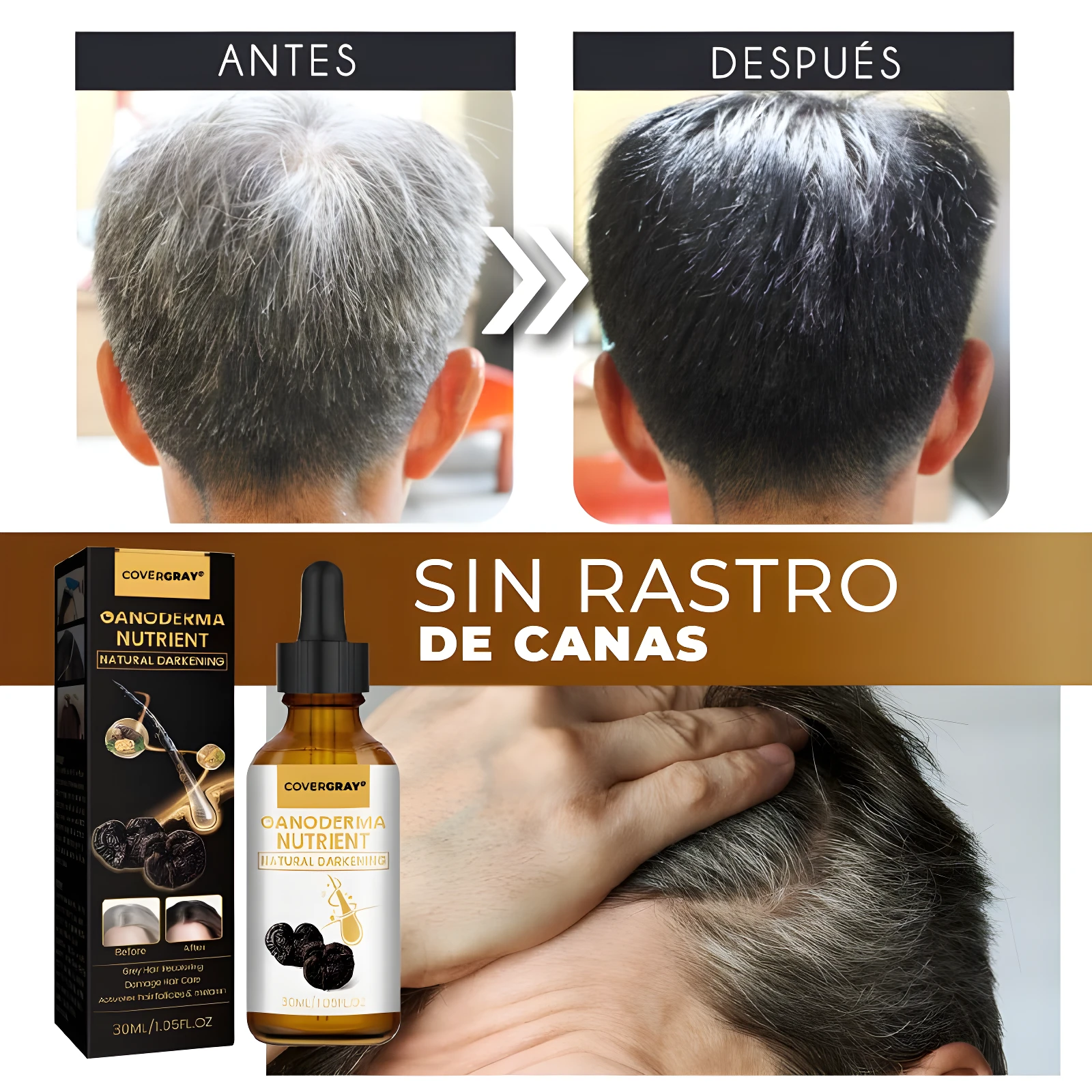 Serum Covergray Ganoderma Nutriente para oscurecer canas. Antes y después de tratamiento. Frasco gotero de 30ml.