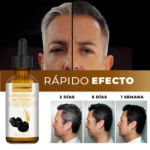 Serum Covergray Ganoderma Nutrient en frasco de 30ml y comparativa de oscurecimiento capilar rápido en 2 días, 5 días y 1 semana.