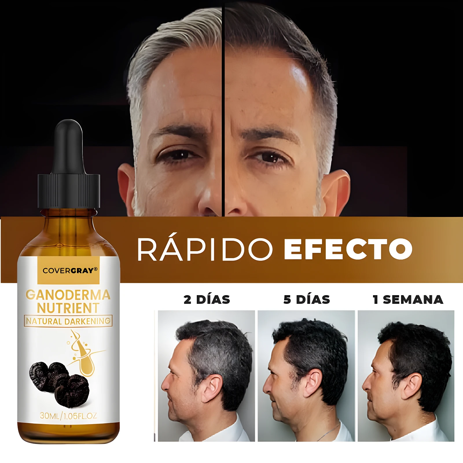Serum Covergray Ganoderma Nutrient en frasco de 30ml y comparativa de oscurecimiento capilar rápido en 2 días, 5 días y 1 semana.