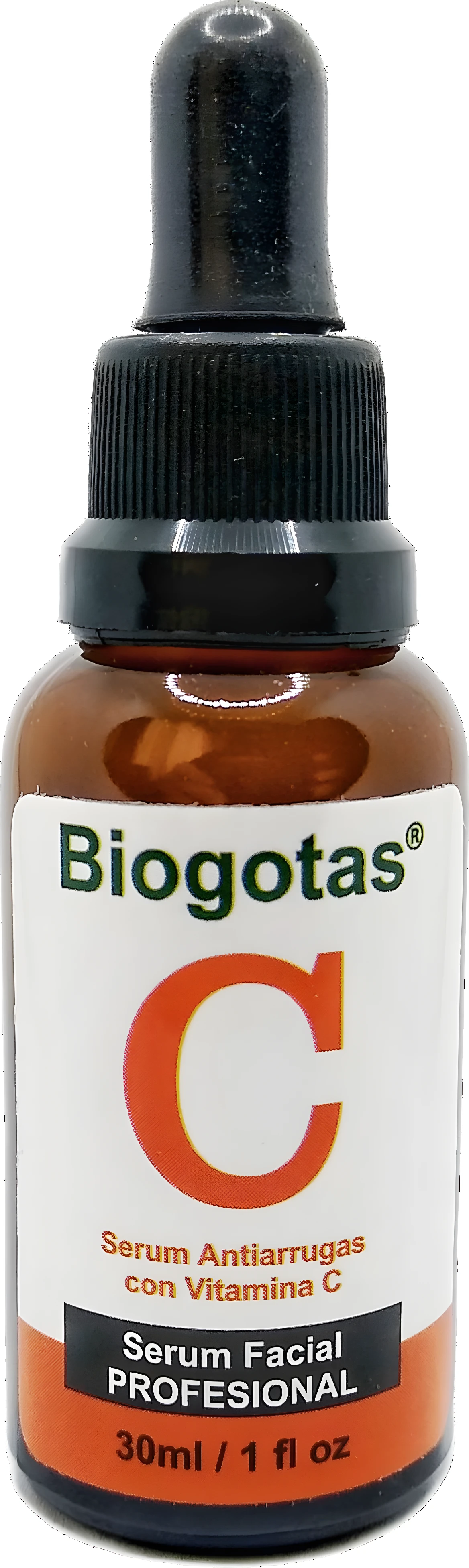 Serum facial Biogotas con Vitamina C, antiarrugas, 30ml/1 fl oz, en frasco ámbar con gotero negro.