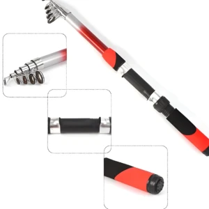 Caña de pescar telescópica de 2.10m, roja y negra, con detalles de guía y mango.