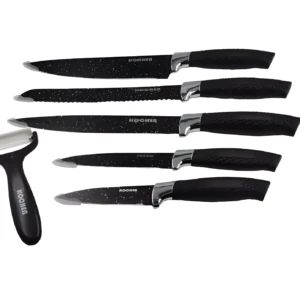 Set de 6 cuchillos Kochen negros con pelador, cuchillas con puntos blancos y mangos ergonómicos.