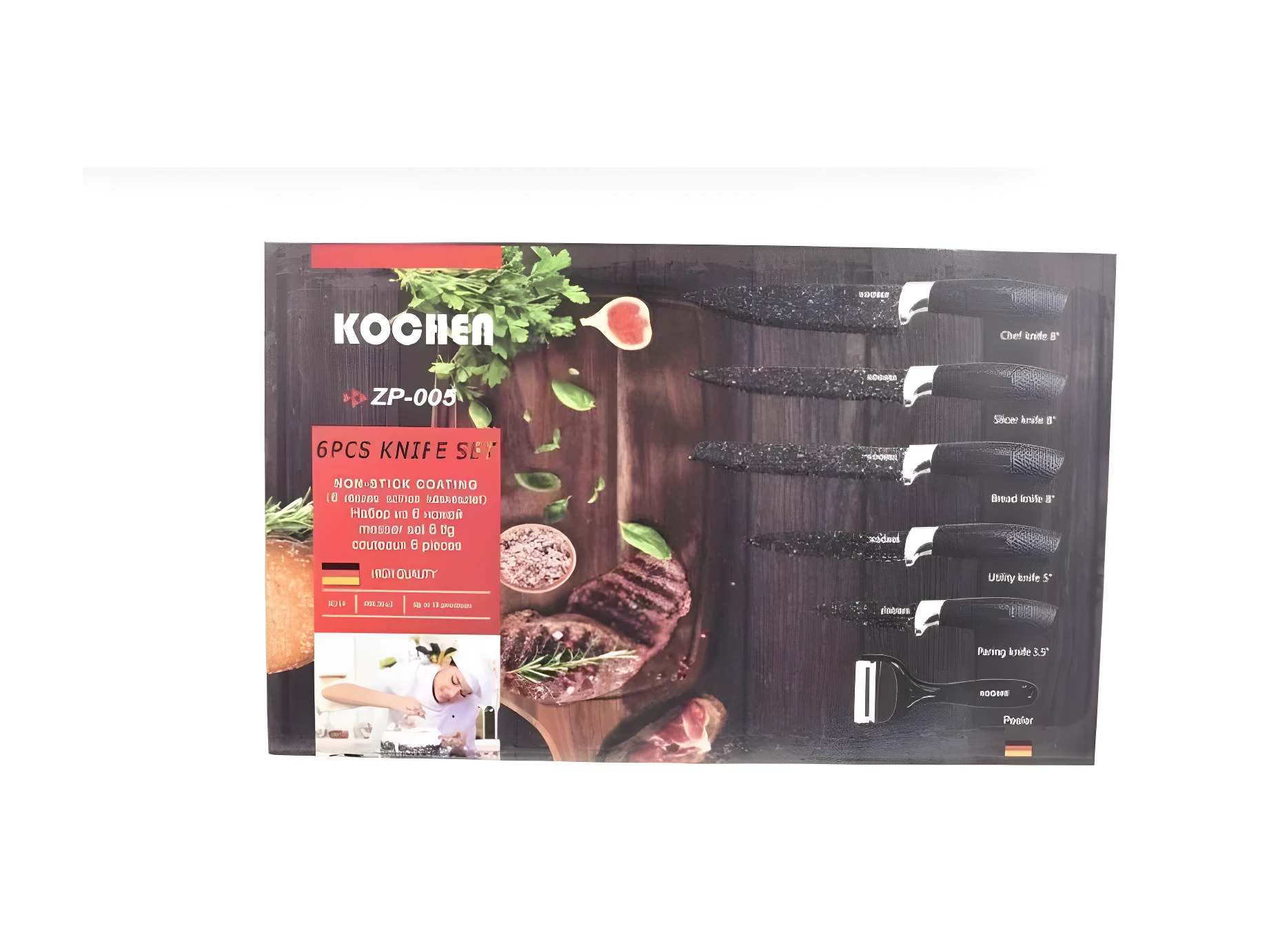 Set de 6 cuchillos Kochen con recubrimiento antiadherente y diseño moderno, ideal para uso profesional.