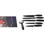 Set de 6 cuchillos Kochen negros con pelador, diseño profesional para cocina.