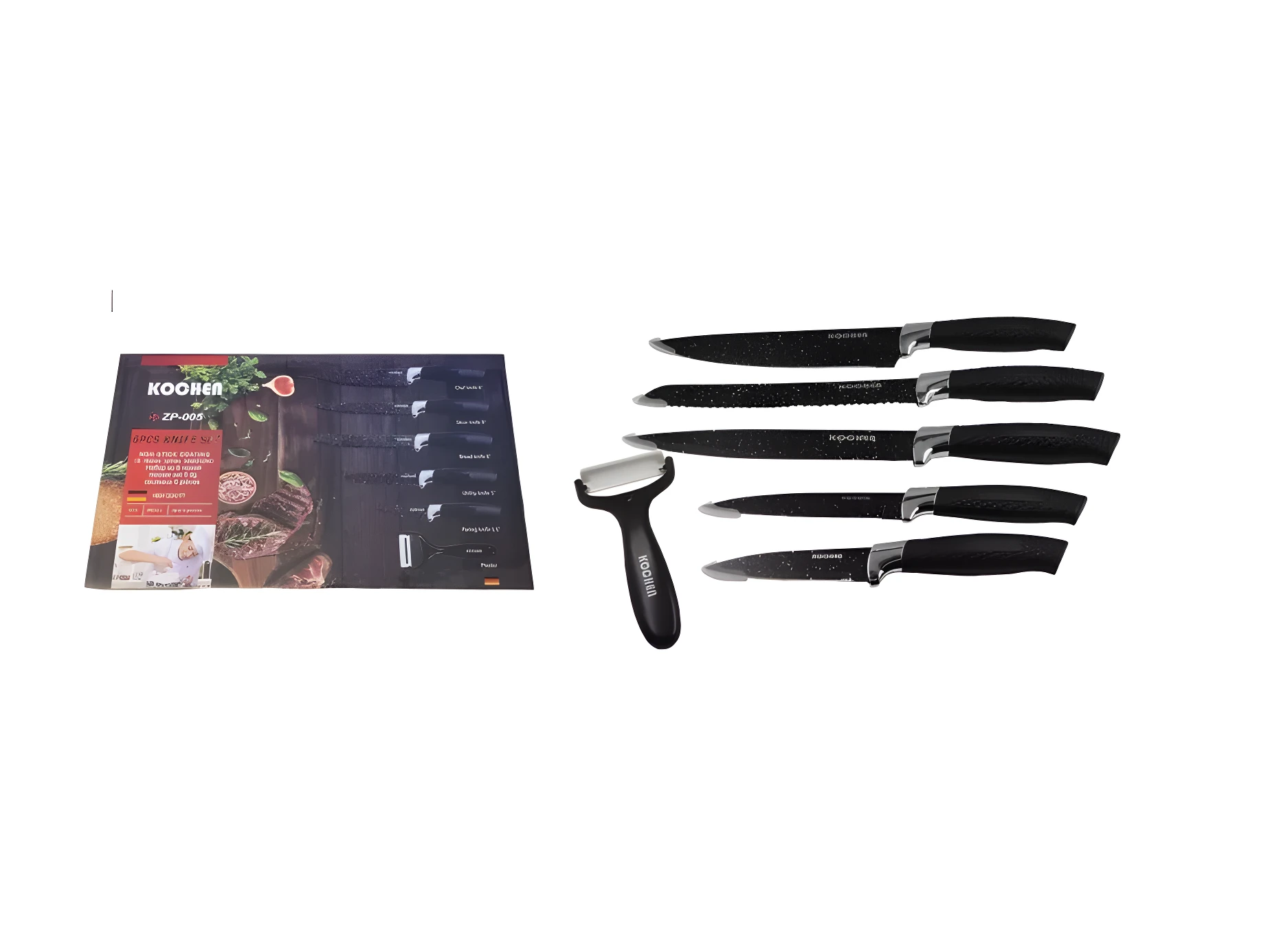 Set de 6 cuchillos Kochen negros con pelador, diseño profesional para cocina.