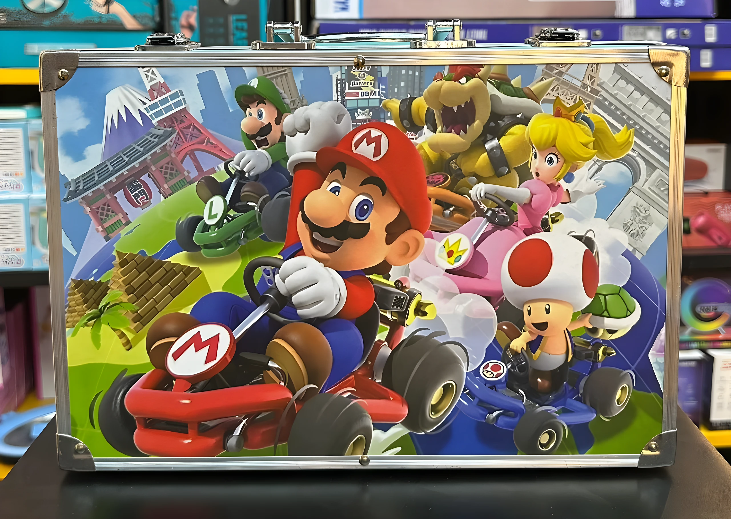 Estuche metálico de Mario Kart con Mario, Luigi, Bowser, Peach y Toad, fondo de escenarios icónicos.