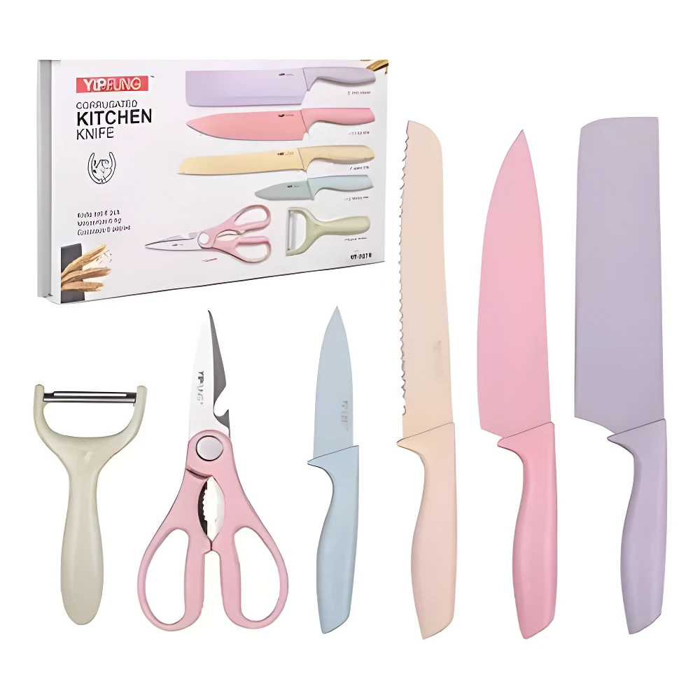 Set de 6 utensilios de cocina pastel: pelador crema, tijeras rosas, cuchillos azul claro, beige, rosa y lavanda, con caja expositora.