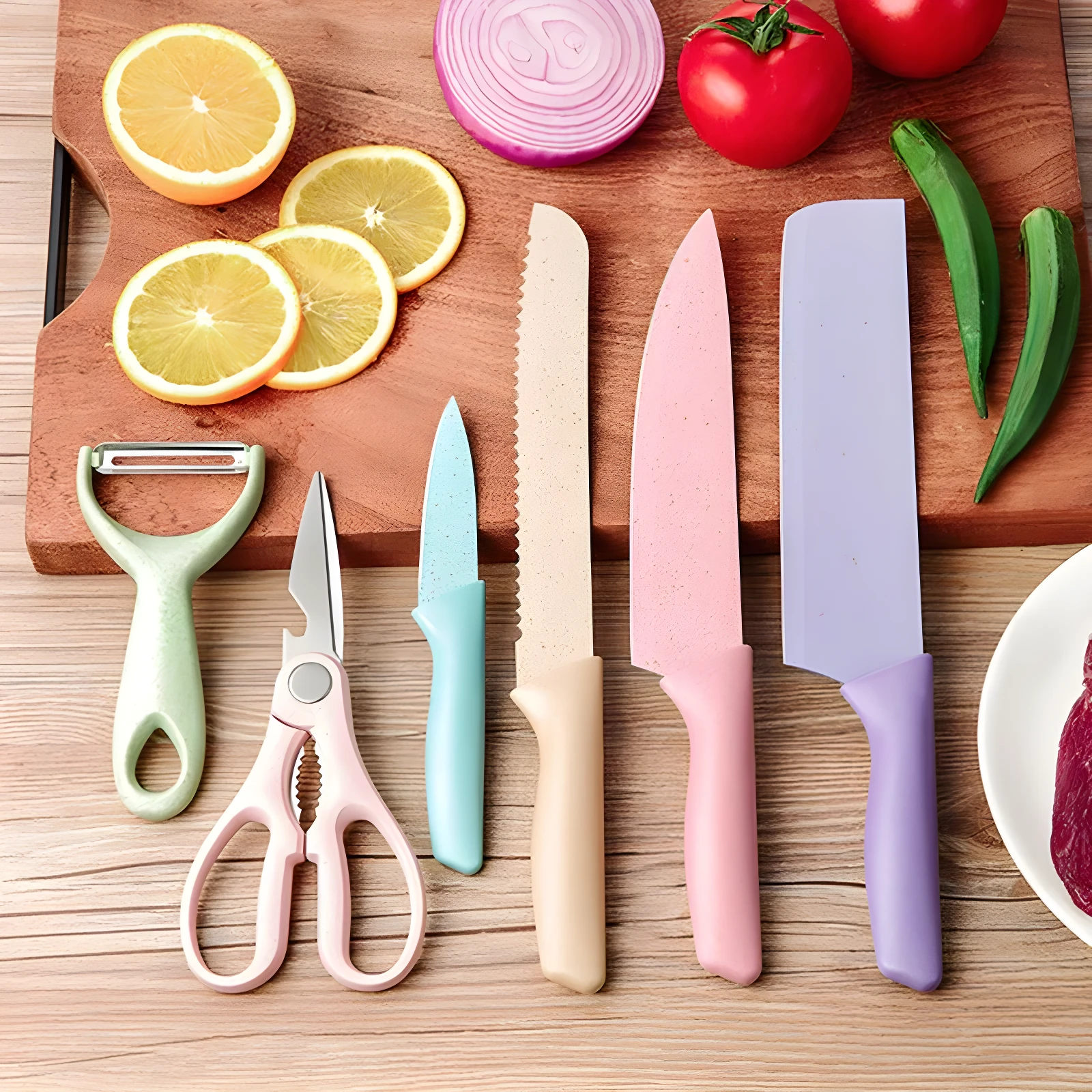 Set de 6 utensilios de cocina color pastel: pelador, tijeras y cuatro cuchillos, con rodajas de limón y verduras sobre tabla de madera.