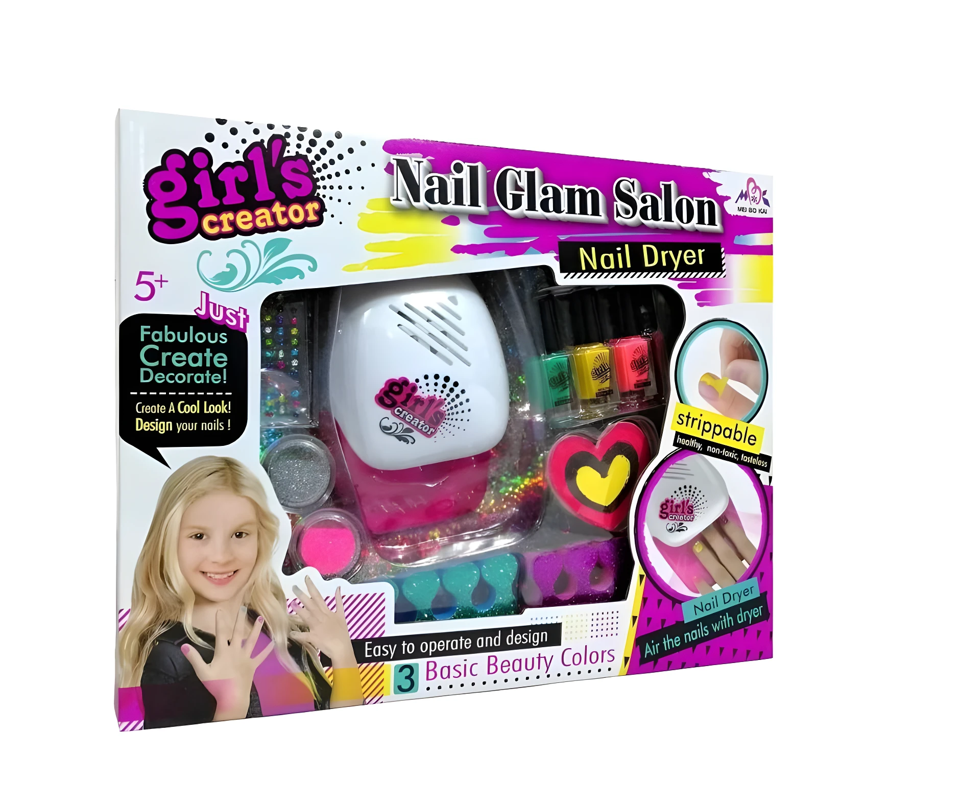 Set de esmaltes infantil "Girl's Creator" con secador, incluye brillo, polvo neón y separadores de dedos para uñas.