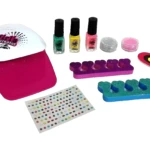 Set de esmaltes infantiles con secador, 3 tonos, polvo brillante, aplicadores de dedos y stickers decorativos.