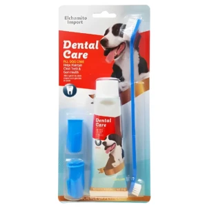 Set cepillo dental canino sabor carne, incluye pasta y dos protectores, para salud bucal y sarro.