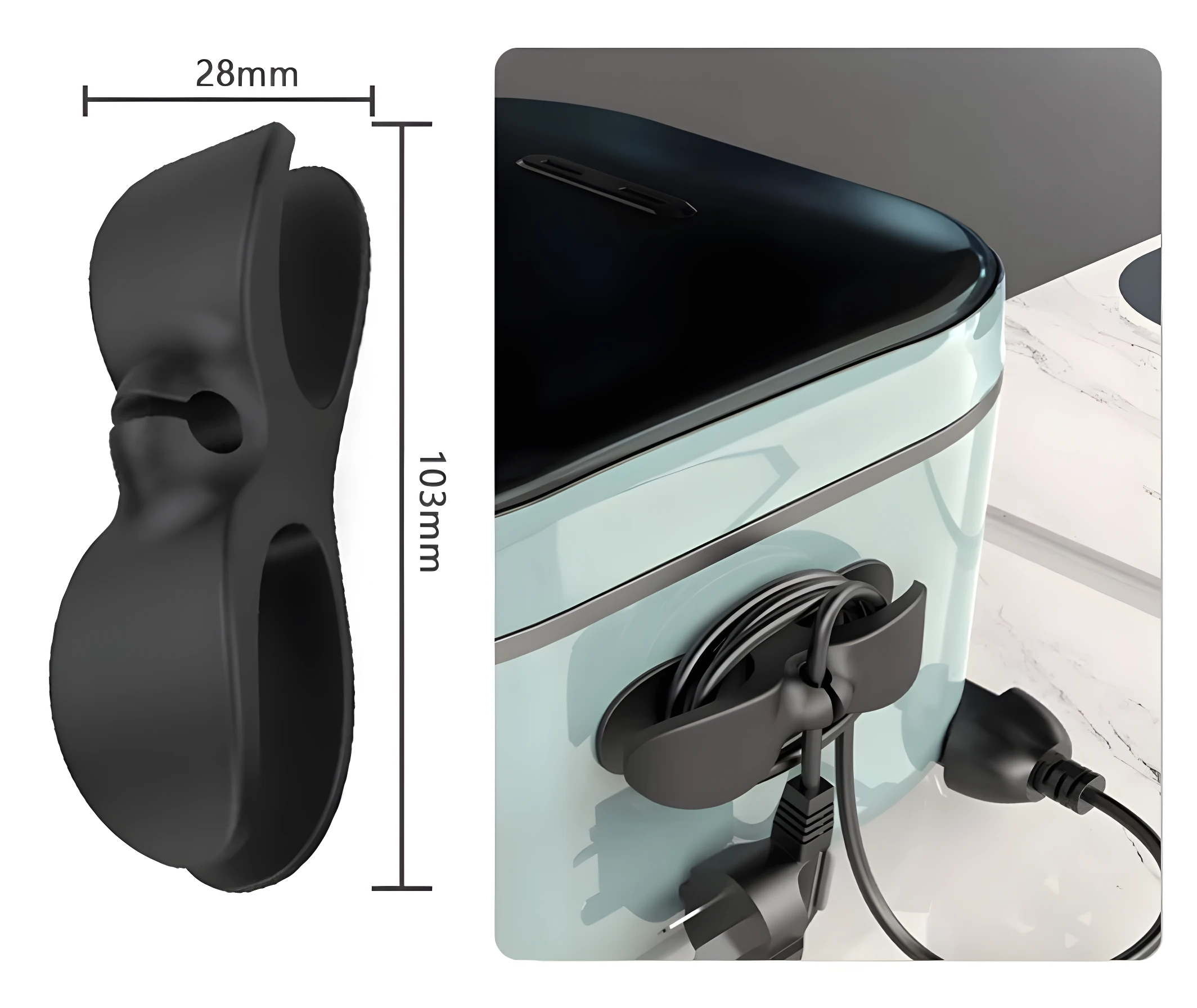 Organizador de cable dual negro de 103mm x 28mm, sujetando un cable enrollado en el costado de una arrocera eléctrica color menta.