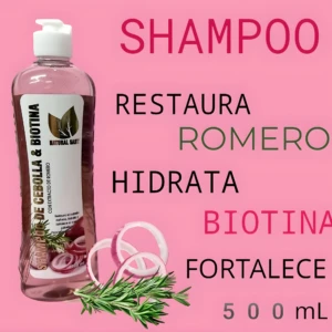 Shampoo de cebolla roja y biotina, presentación 500 ml, para restaurar, hidratar y fortalecer el cabello dañado.