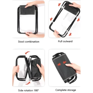 Silla plegable ultra liviana negra en demostración de armado y desarmado en cuatro pasos.