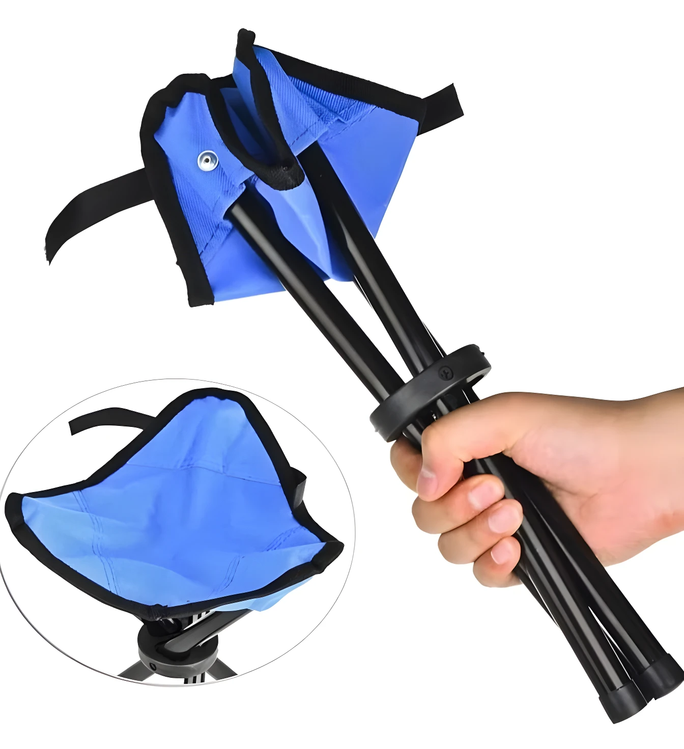 Silla plegable de camping, asiento azul y patas negras, sostenida por una mano. Incluye detalle ampliado del asiento desplegado.