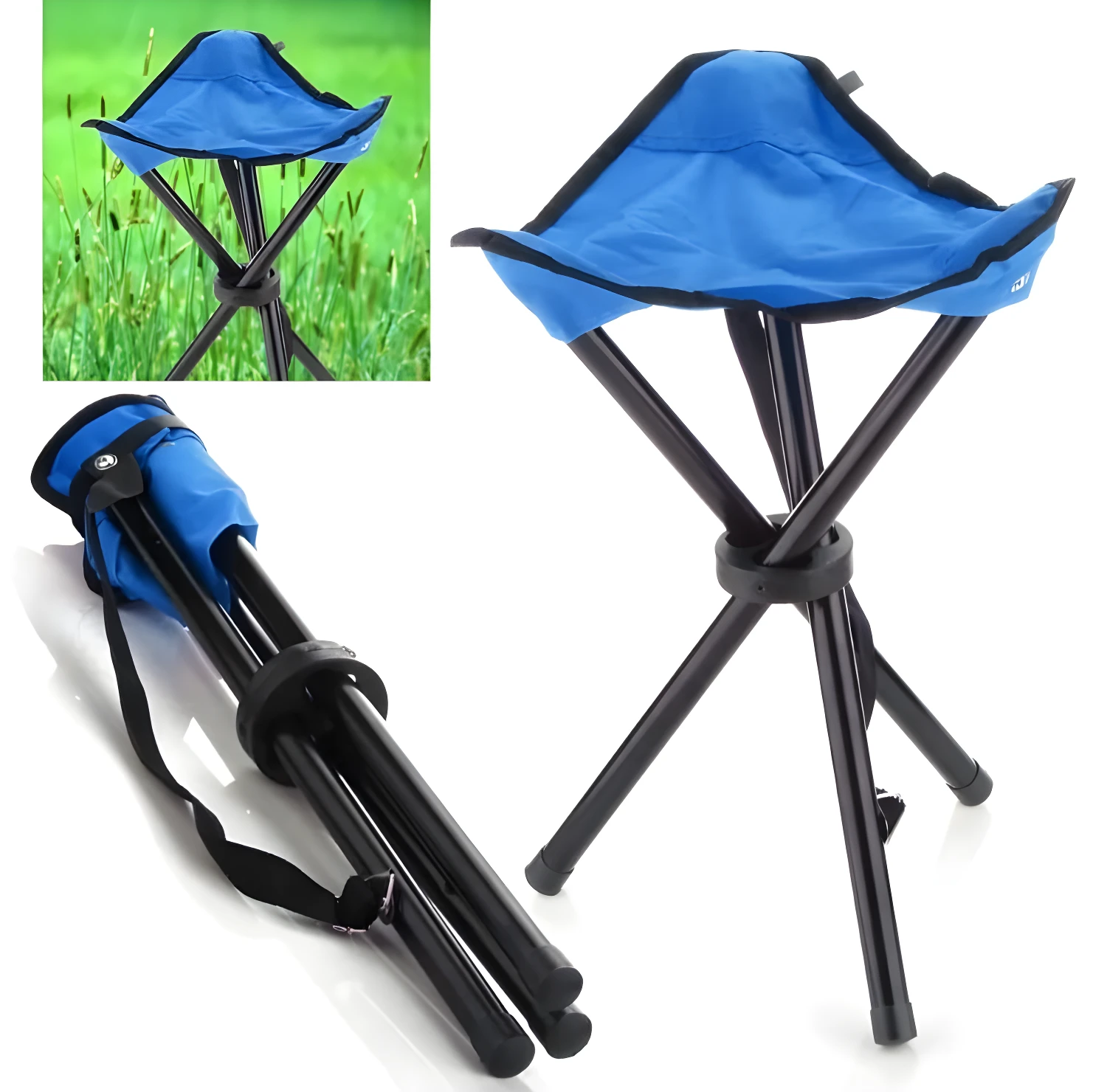 Silla plegable trípode azul para camping o pesca, estructura negra. Muestra la silla armada y plegada con su correa de transporte.