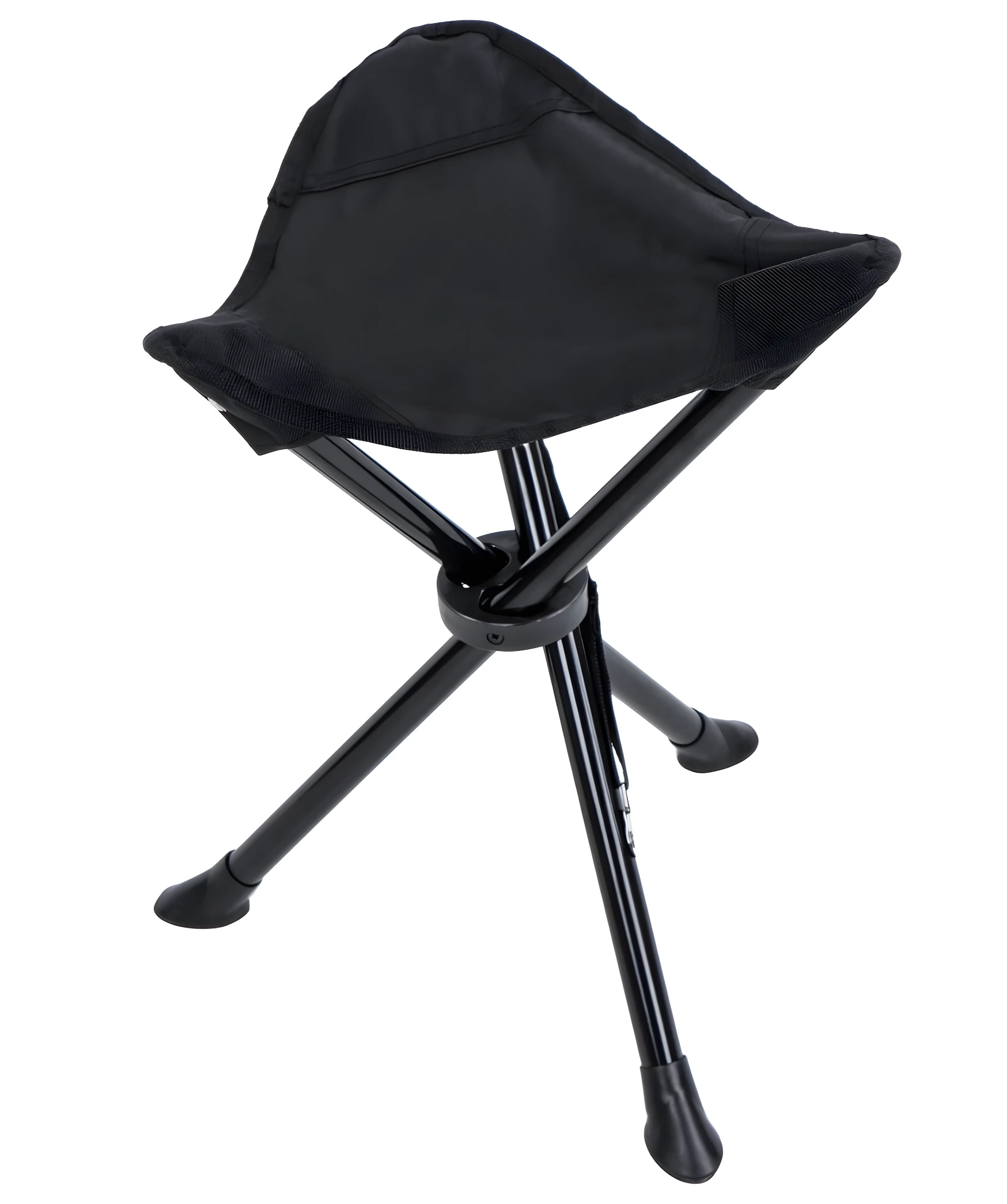 Silla plegable triangular portátil negra, estructura metálica con asiento de tela resistente, ideal para camping.