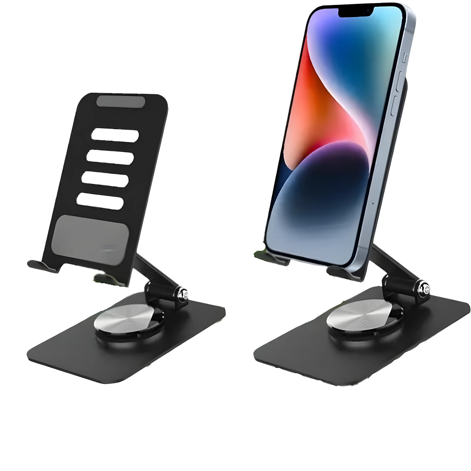 Soporte celular universal negro ajustable, con base giratoria metálica. Un soporte vacío y otro con celular gris.