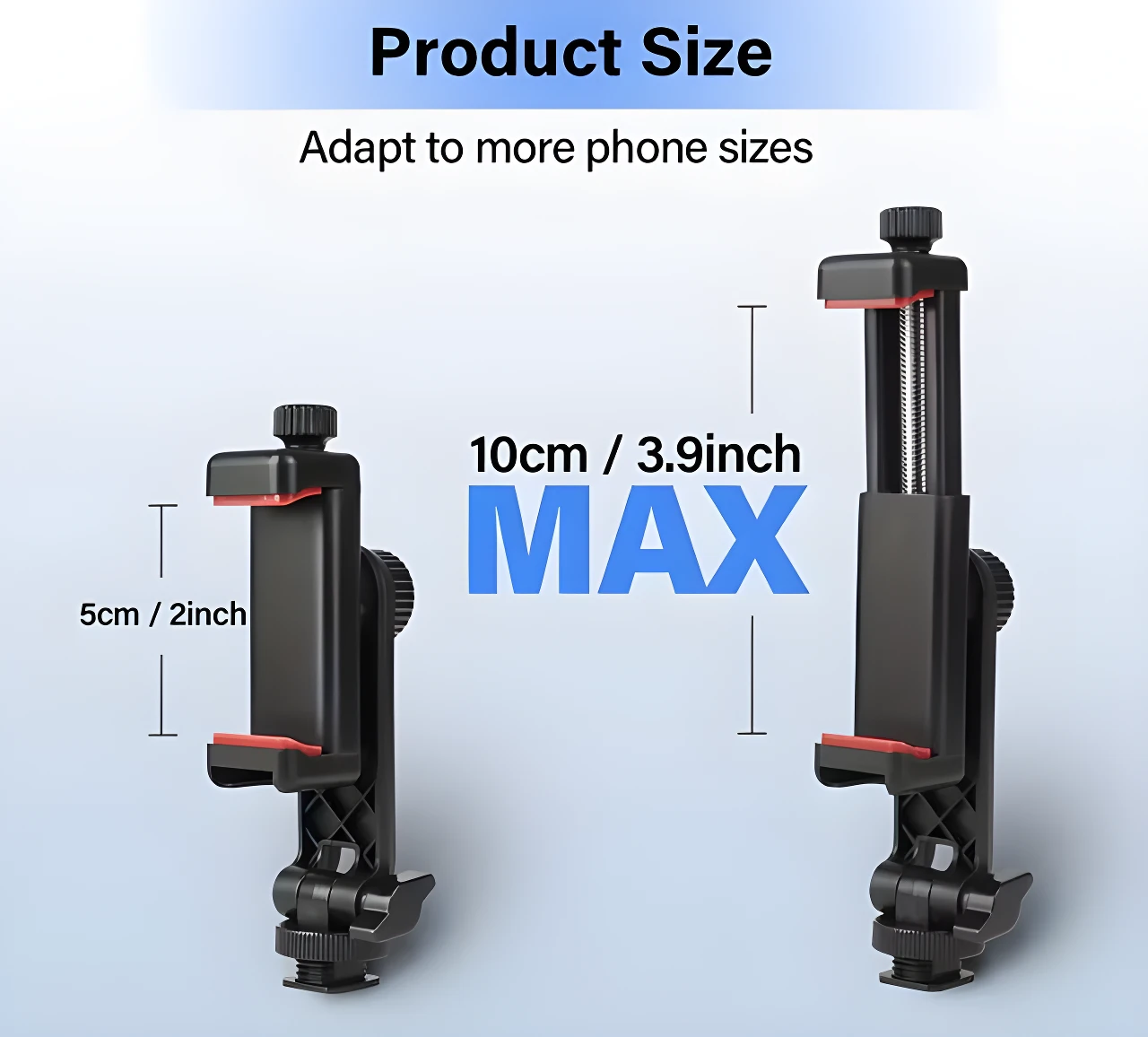 Dos soportes para celular de 5cm y 10cm máximos, con ajuste giratorio 360 grados.