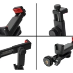 Soporte para celular negro y rojo, ajustable y giratorio 360 grados, con rosca para trípode. Ideal para grabar videos.