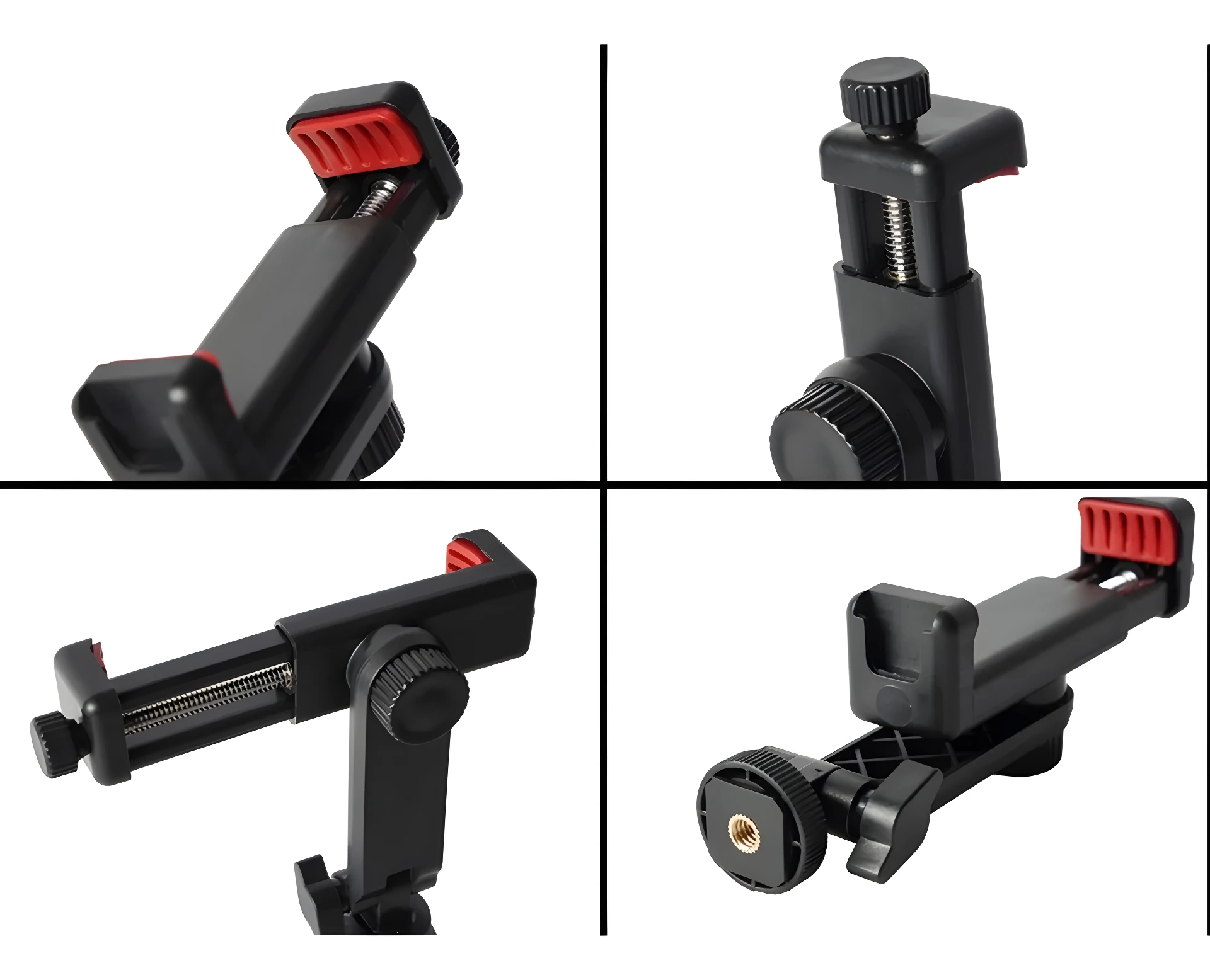 Soporte para celular negro y rojo, ajustable y giratorio 360 grados, con rosca para trípode. Ideal para grabar videos.