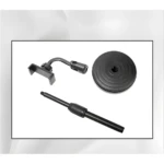 Soporte de escritorio negro para celular, ajustable en altura y ángulo, con base redonda.