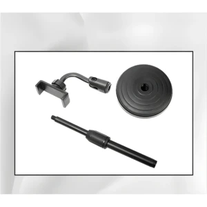 Soporte de escritorio negro para celular, ajustable en altura y ángulo, con base redonda.