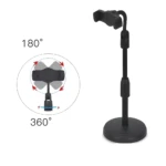 Soporte de escritorio negro para celular, ajustable 180° y 360°, ideal para videollamadas y contenido.