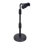 Soporte para celular de escritorio negro, ajustable en altura y ángulo, con base redonda.