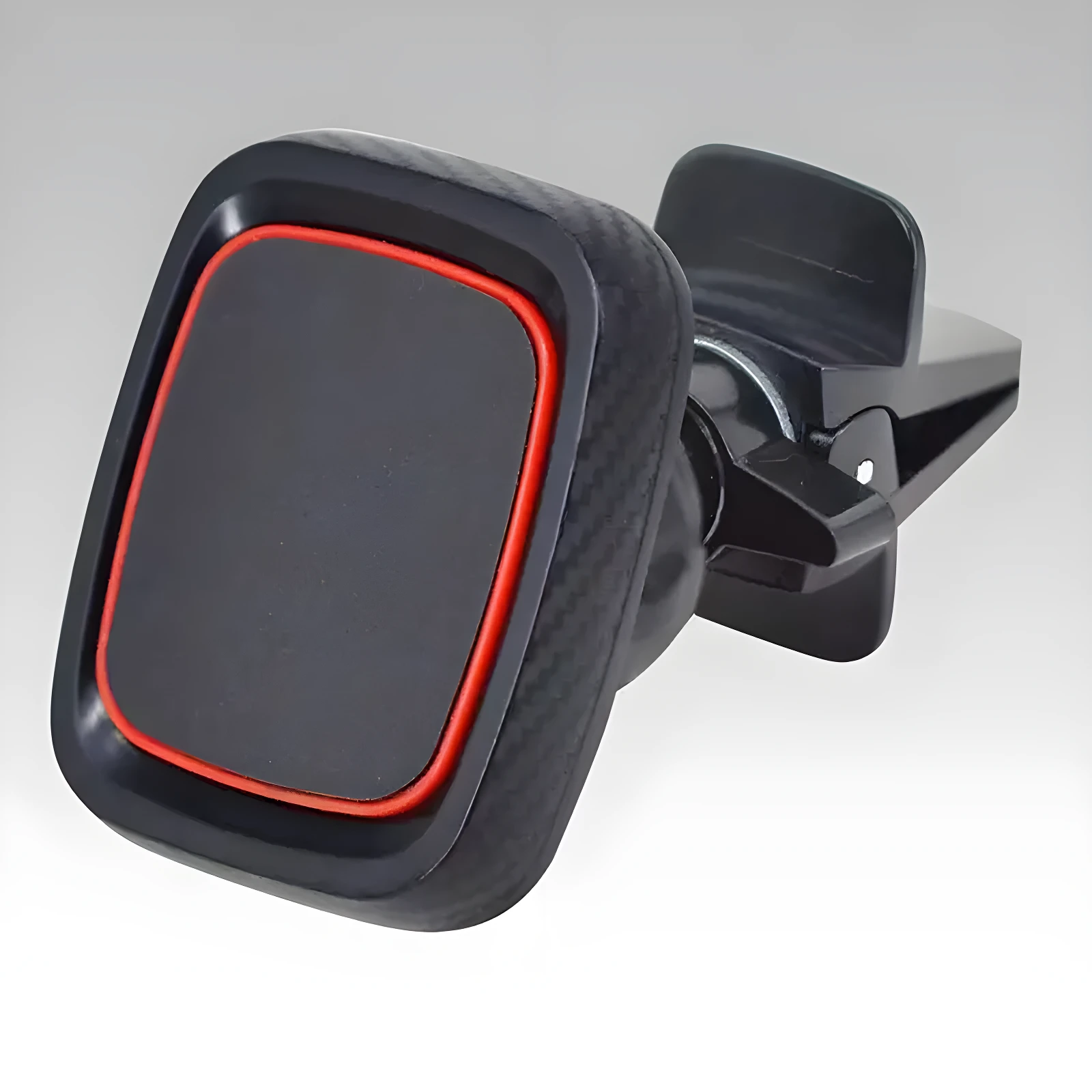 Soporte magnético para celular, negro mate con borde rojo y textura fibra de carbono, clip para rejilla de ventilación.