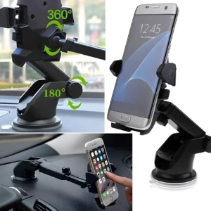 Soporte celular coche ventosa gel, ajustable 360° y 180°, mostrando montaje en tablero con Samsung y iPhone.