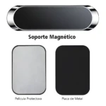 Soporte magnético vehicular con base metálica negra y película protectora blanca incluida para celular.