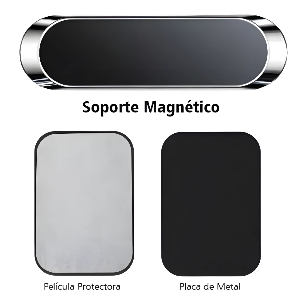 Soporte magnético vehicular con base metálica negra y película protectora blanca incluida para celular.