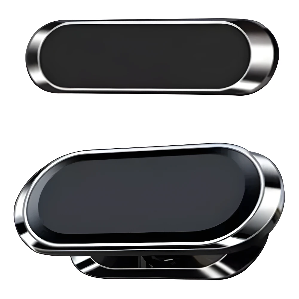 Dos soportes magnéticos rectangulares para teléfono, acabado negro brillante con borde cromado, uno simple y otro con base visible.