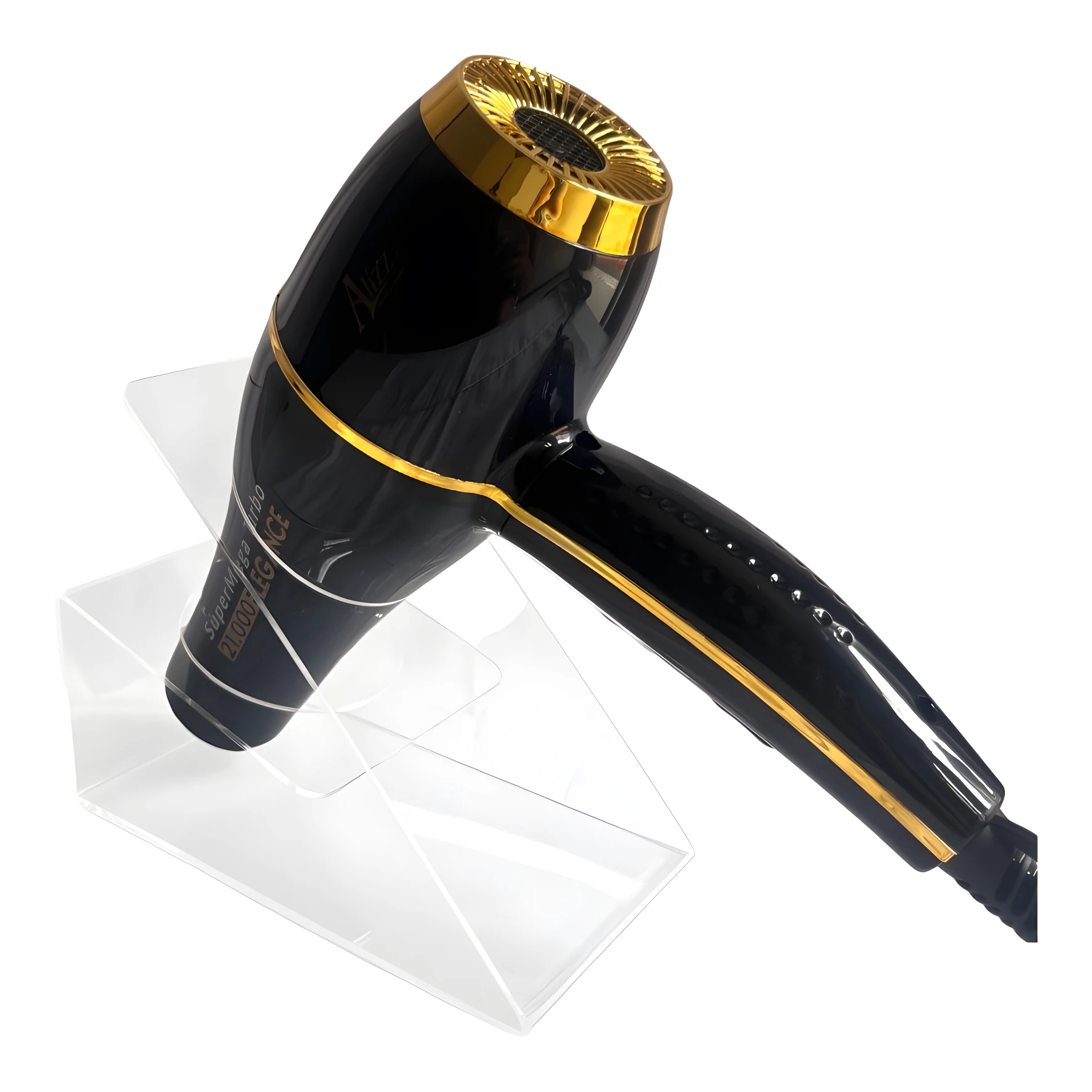 Secador de pelo negro con detalles dorados, marca Alizz, sobre soporte acrílico transparente.